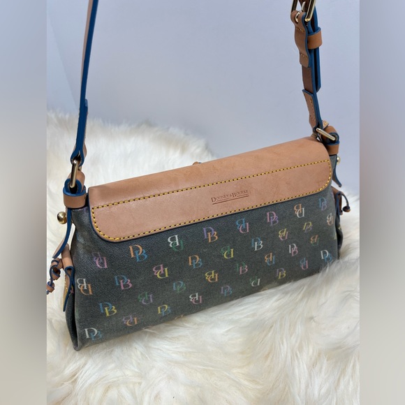 Dooney & Bourke “ Vintage It Bag” Leather Baguette Rainbow Monogram Blue Trim - Picture 7 of 17